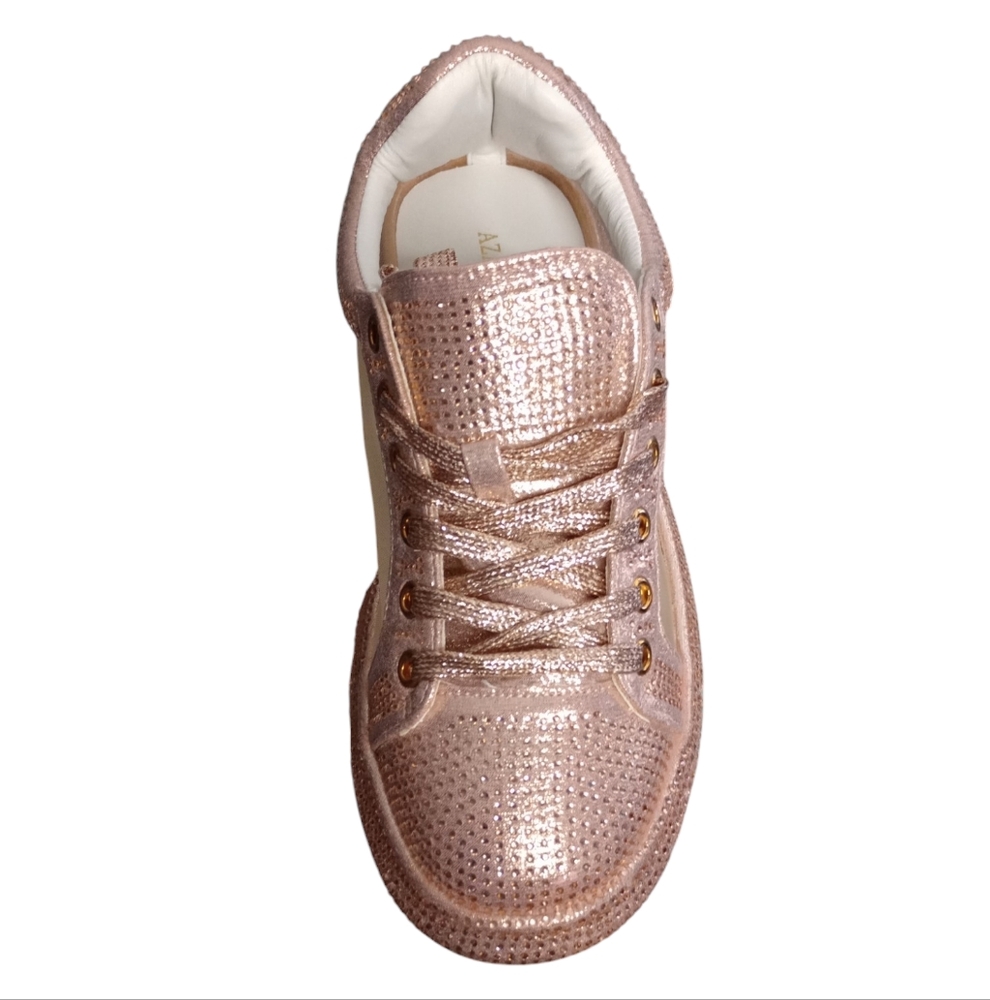 Miz Shimmer and Shine: Rose Gold Mesh Rhinestone Stylish Comfort Sneakers - Picture 2 of 9